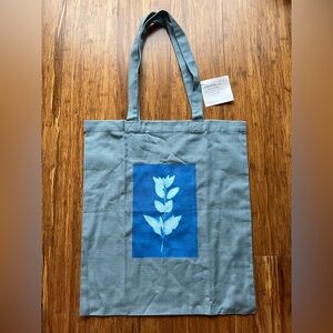 Handmade screen printed linen Tote Bag with Blue Floral Art